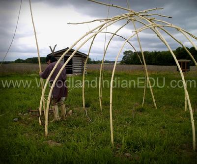 Placing poles in the ground to make the wigwam frame
